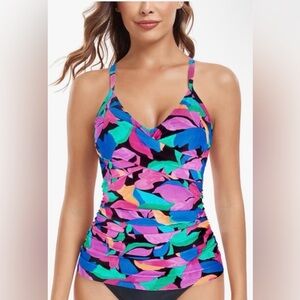 Relleciga Women’s Tankini Top V Neck Ruched Tummy Control Bathing Suit Top Large